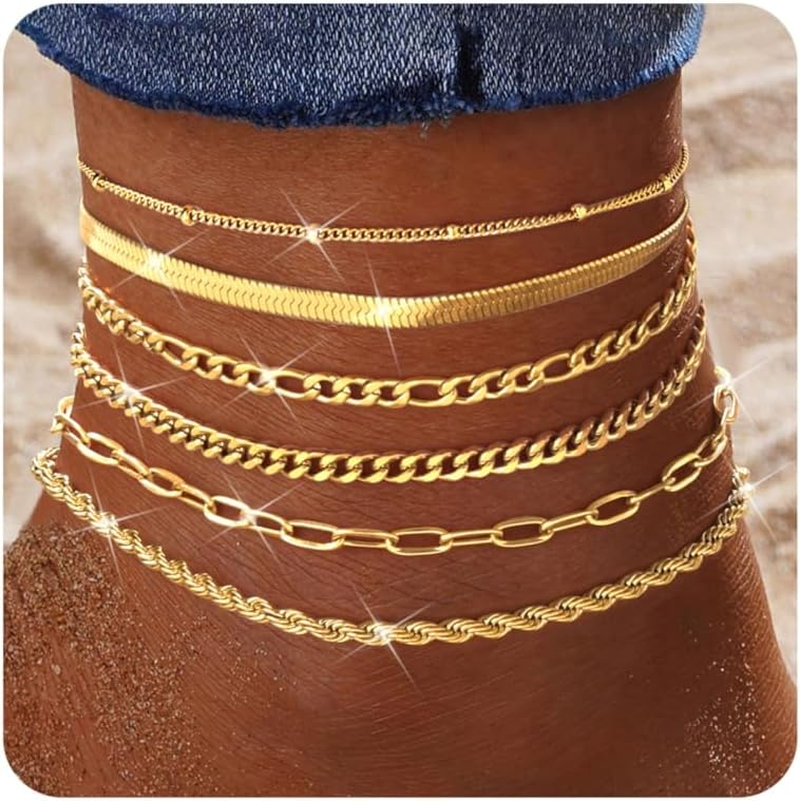 6PCS Waterproof 14K Gold Plated Ankle Bracelets for Women