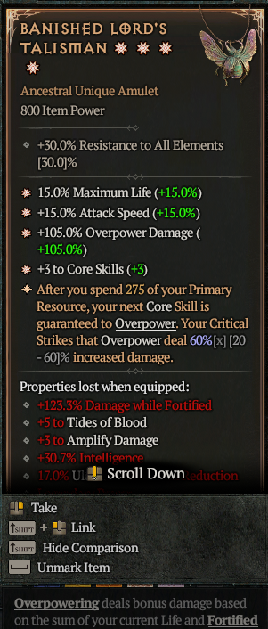 DIABLO 4 💥 SEASON 7 💥 PERFECT ROLL Banished Lord's Talisman💥 4GA + MAX EFFECT