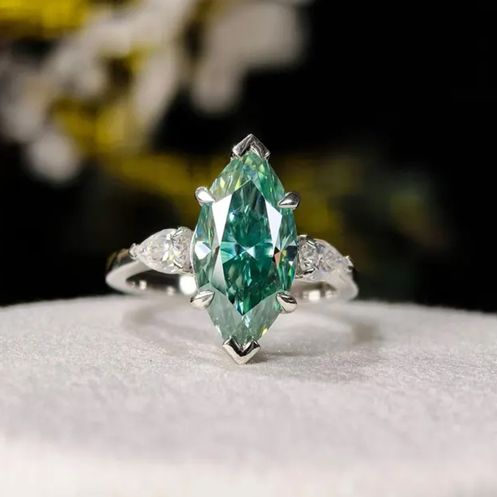 2.10 Ct 925 Silver Certified Marquise Cut Blue Diamond Solitaire Ring- Treated