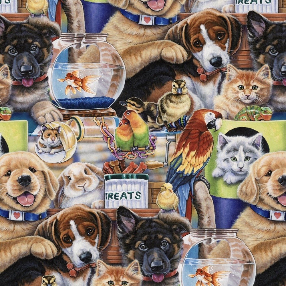 Pet Shop Cute Pets Digital Multicolor 100% Cotton Fabric by The Yard