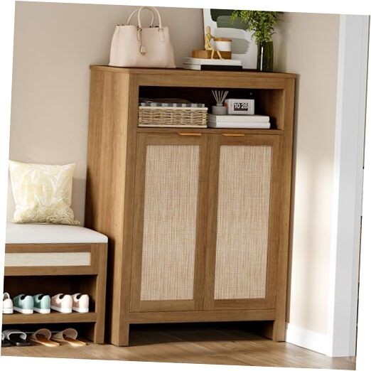 Rattan Shoe Cabinet with Adjustable Shelves in Caramel Oak Finish