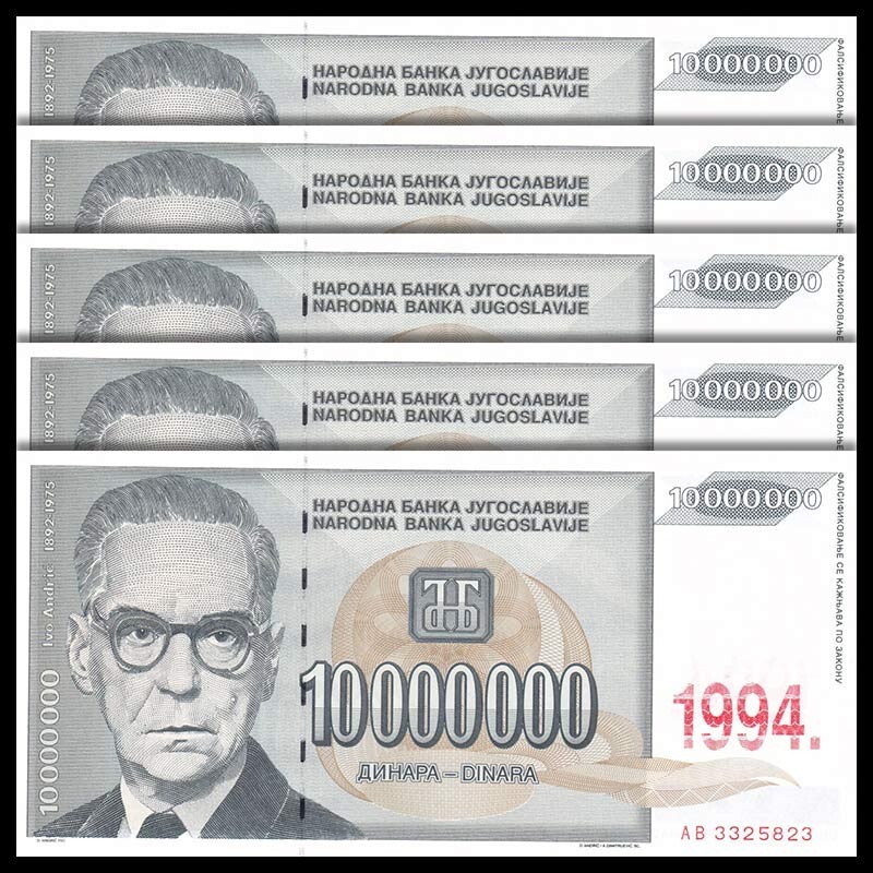 Lot 5 PCS, Yugoslavia 10000000 10 Million Dinara, 1994, P-144, UNC