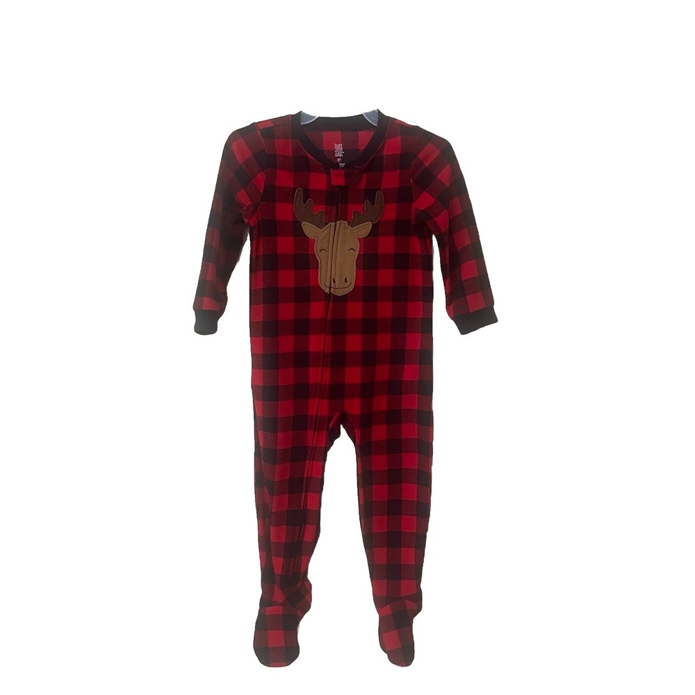 Red & Black Plaid Long Sleeve Footed Pajamas Full Zip Just One You 3T