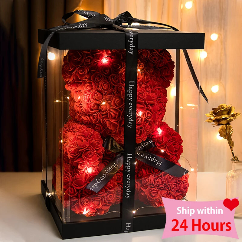 Valentine Gifts Decoration Rose Artificial Flower with Box Lights Teddy Bear