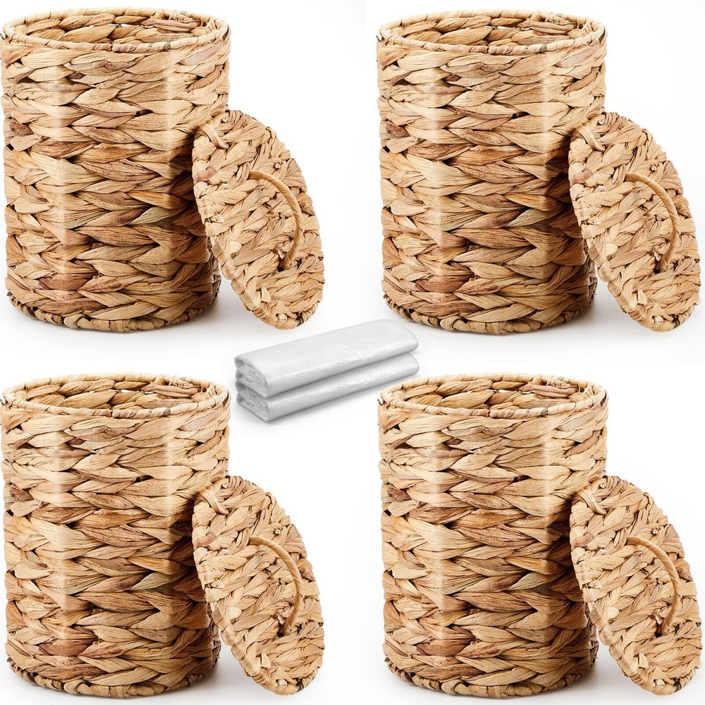 4 Pcs Small Wicker Trash Can Basket Woven Waste Basket with Lid Bathroom Boho...