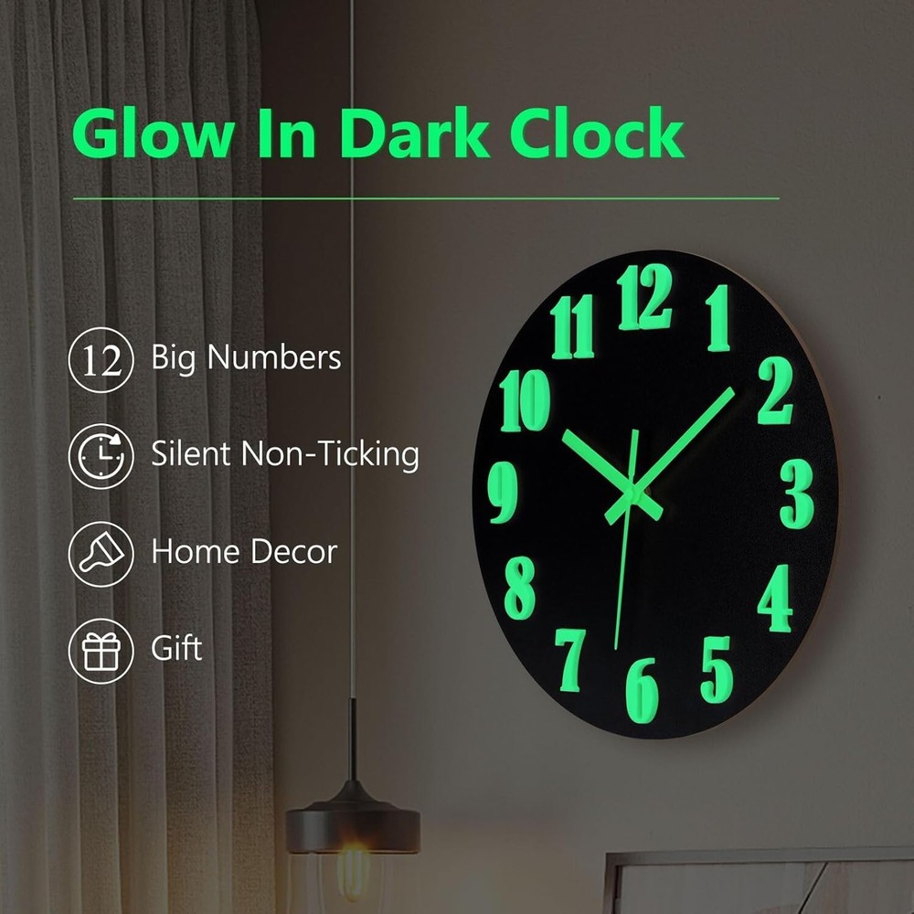 Glow In The Dark Large Silent Wall Clock with Luminous Night Light