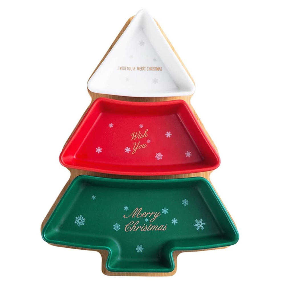 Colorful 12-Inch Ceramic Christmas Tree Snack Plate Chip and Dip Set