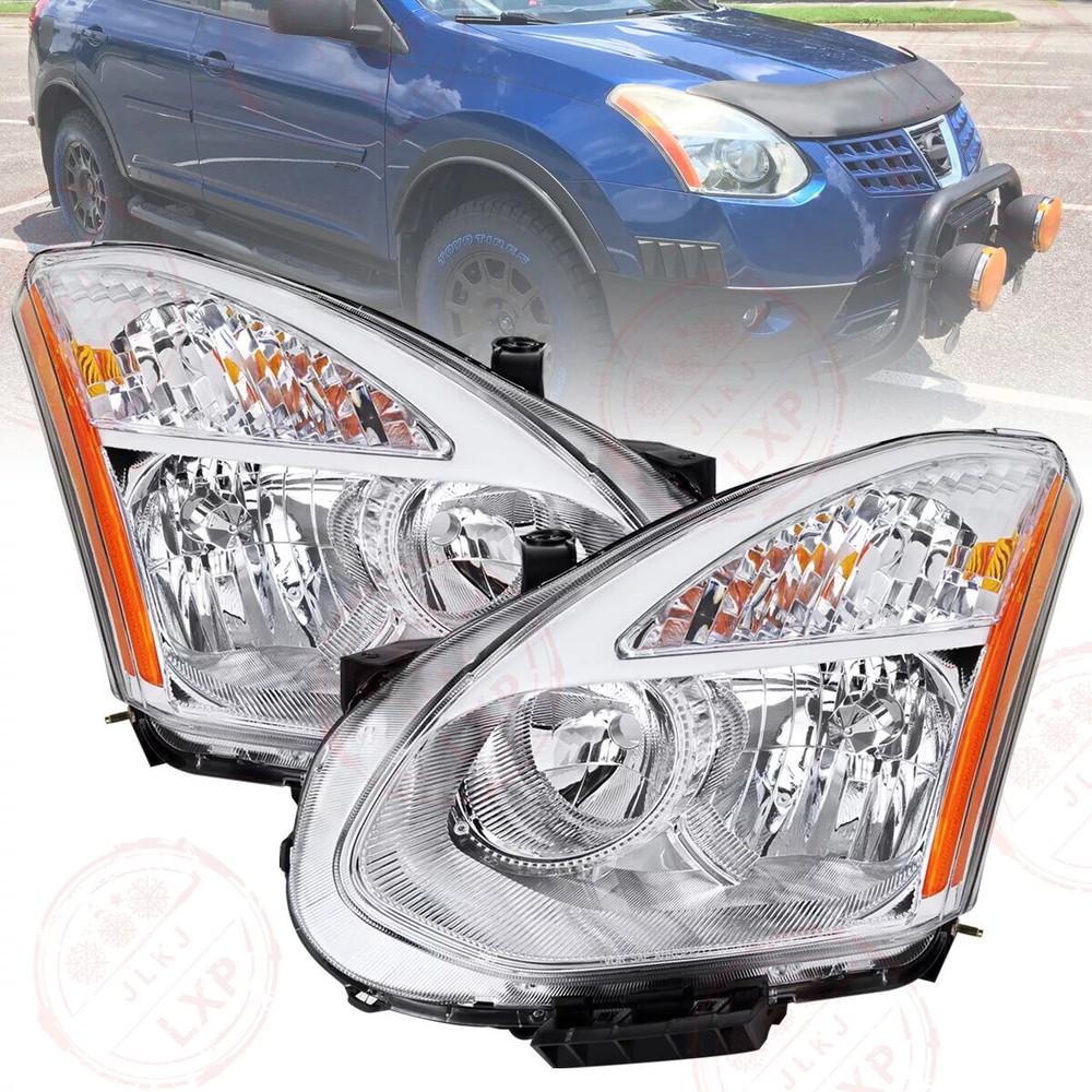 For 2008-2013 Nissan Rogue Headlights Headlamps Assembly Left Right Chrome Amber