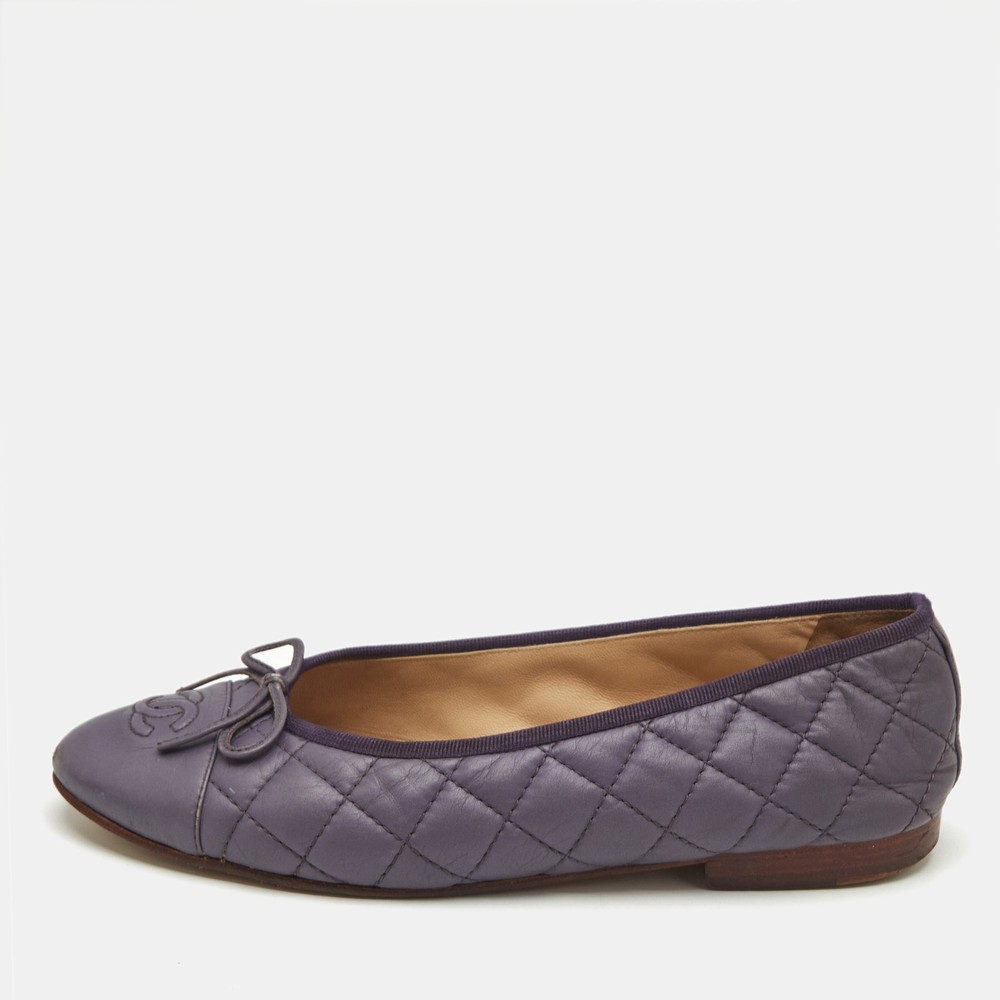 Chanel Metallic Purple Leather CC Bow Ballet Flats Size 38