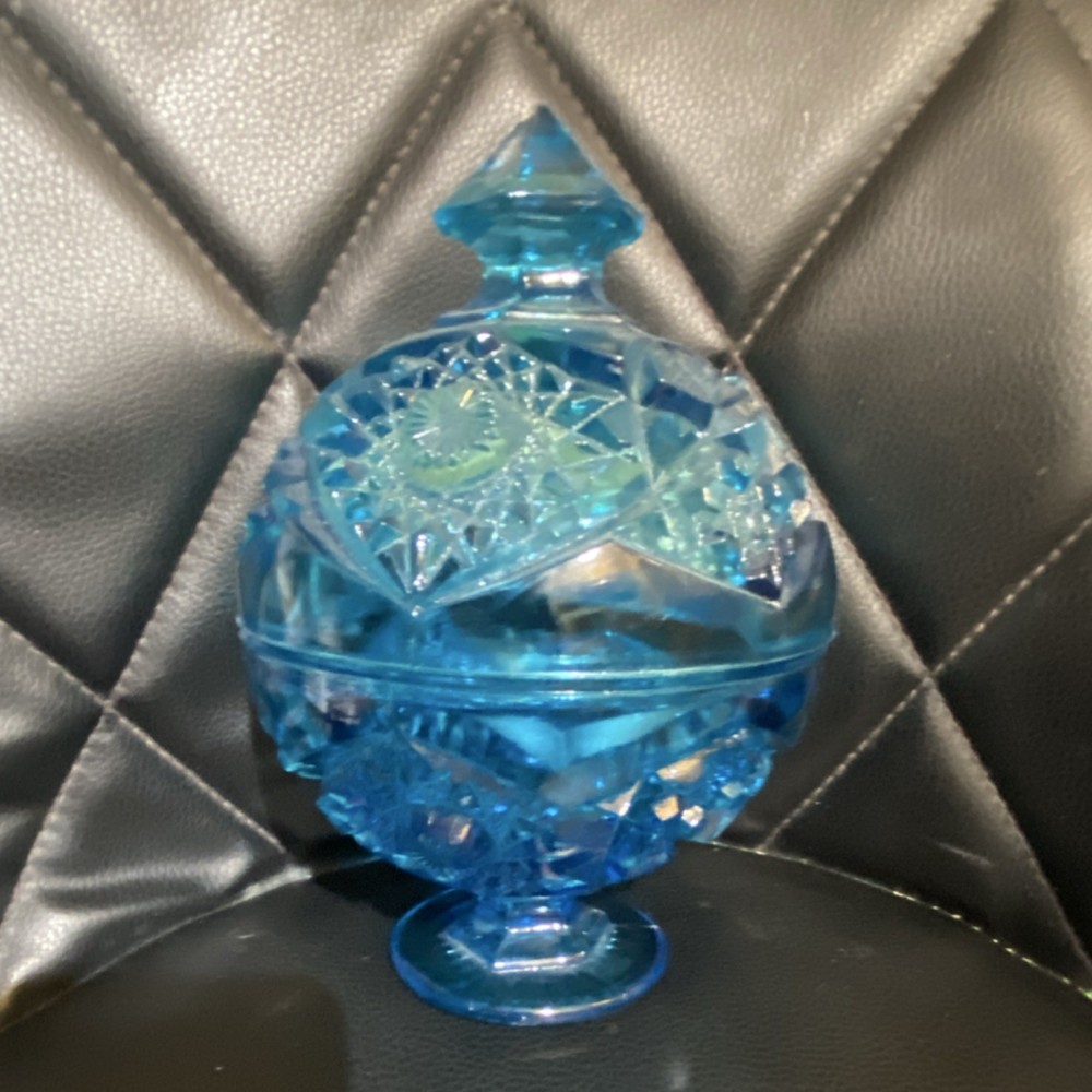 Vintage Kemple Hobstar And Fan Glass Candy Dish Aztec Blue