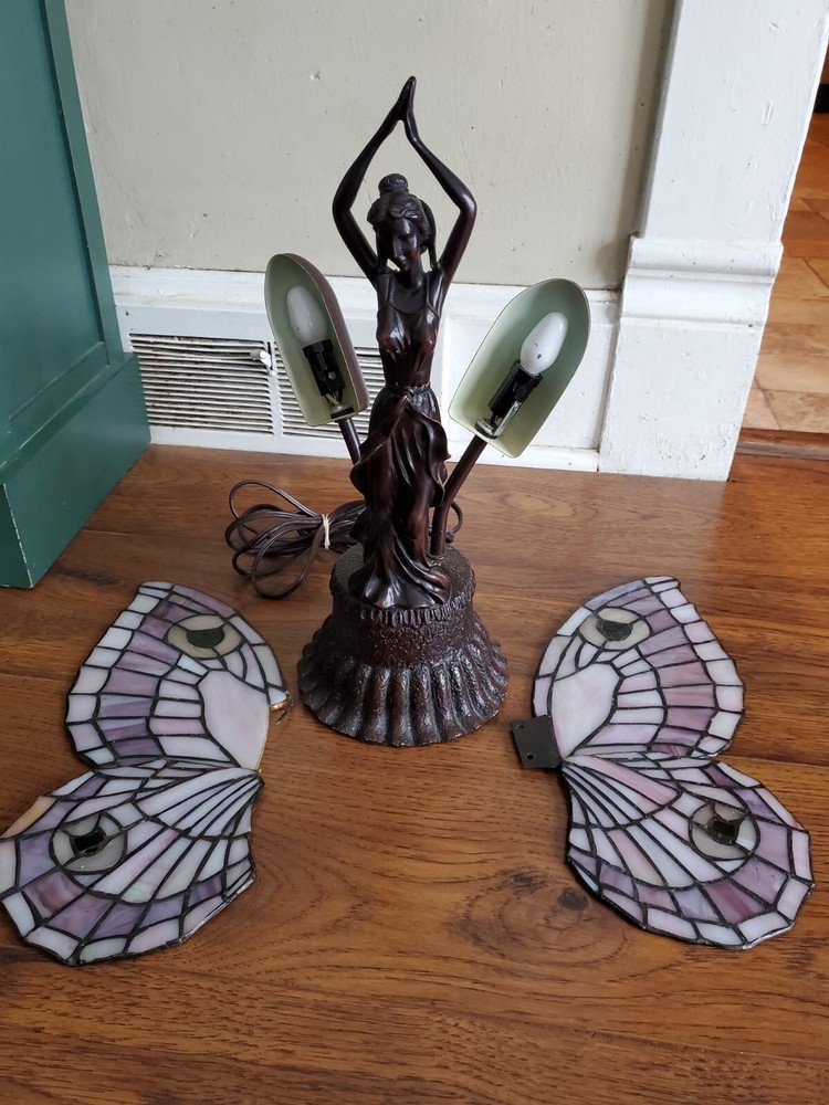 Tiffany Style Table Lamp Fairy Angel With Stain Glass Wings