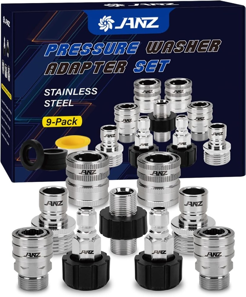 9-Piece Stainless Steel Pressure Washer Adapter Set - M22 to Quick Disconnect