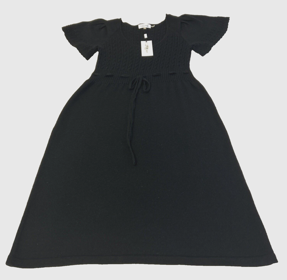 Calvin Klein Sweater Dress Wool Blend Women's Sz S Black Short Sleeve Tie Waist