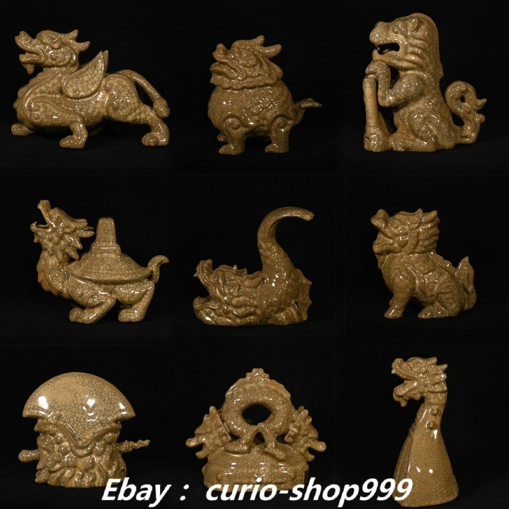 9-Inch Song Dynasty Ge Kiln Porcelain Nine Dragon Loong Beast Statue Set