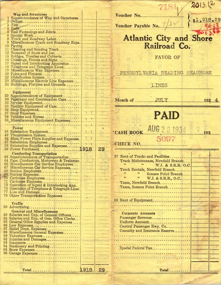 1934 Pennsylvania Reading Seashore Lines Railroad Power Billing Voucher-image