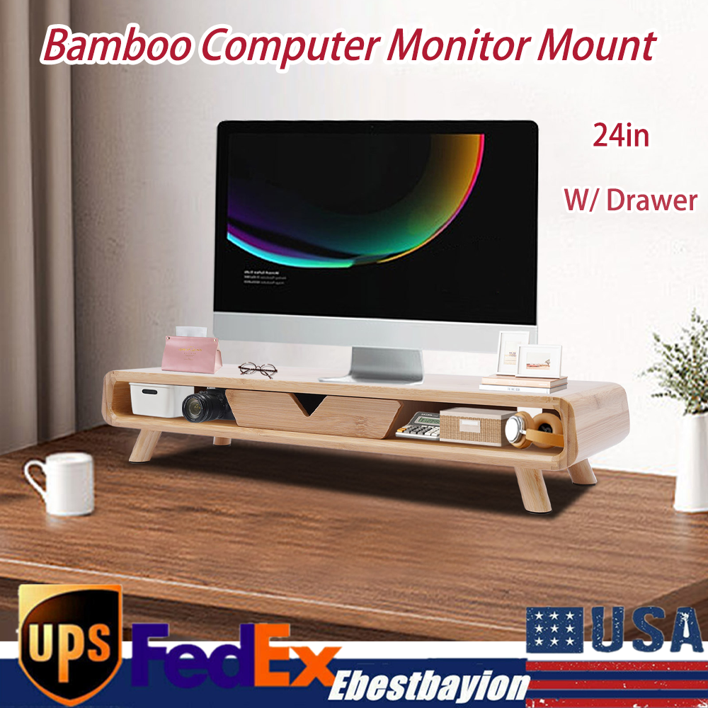 24in Modern Bamboo Computers Monitor Stand W/ Drawer Desktop Office Back Baffle
