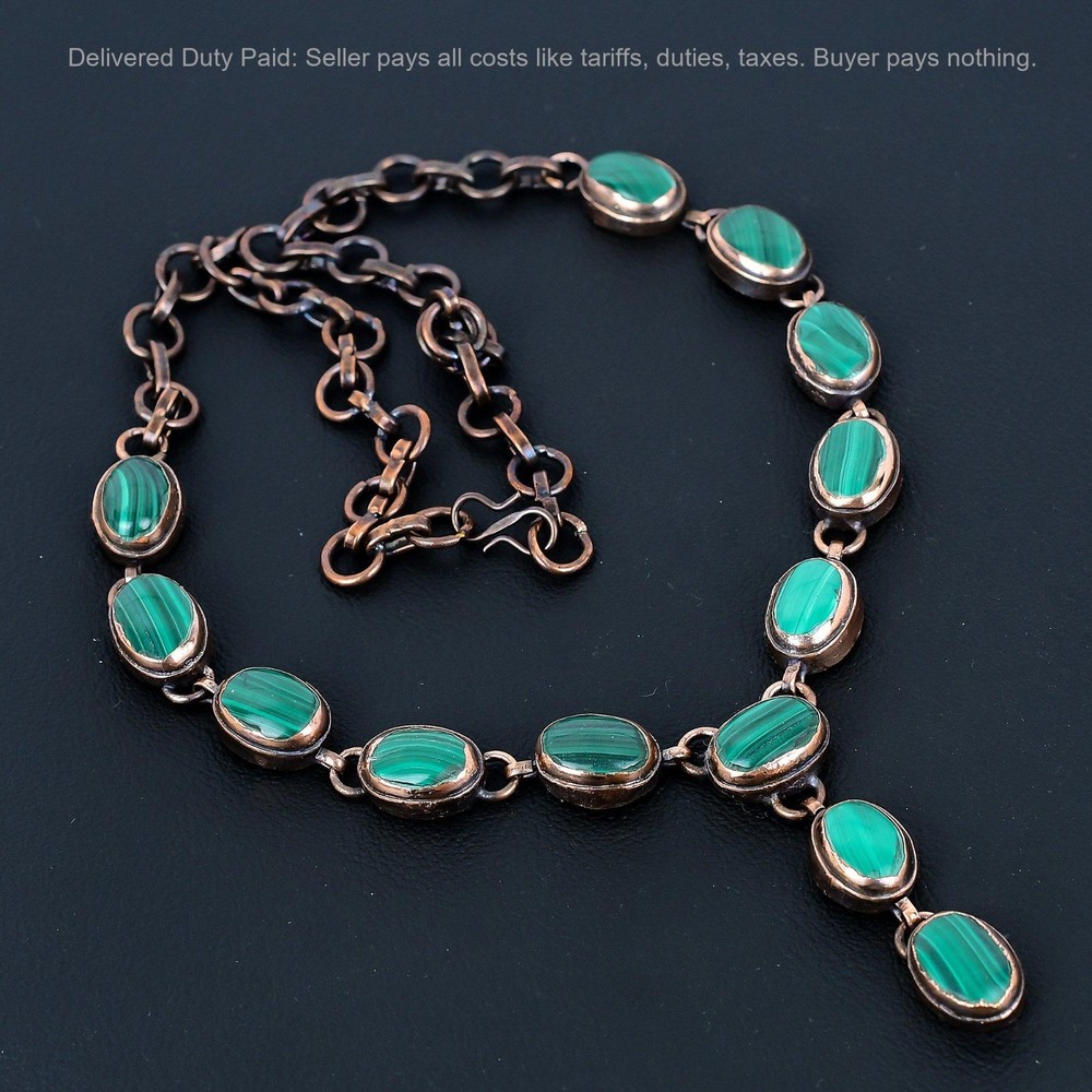 Cyber Monday Sale Copper Malachite Gemstone Electroformed Chain Necklace Jewelry-image