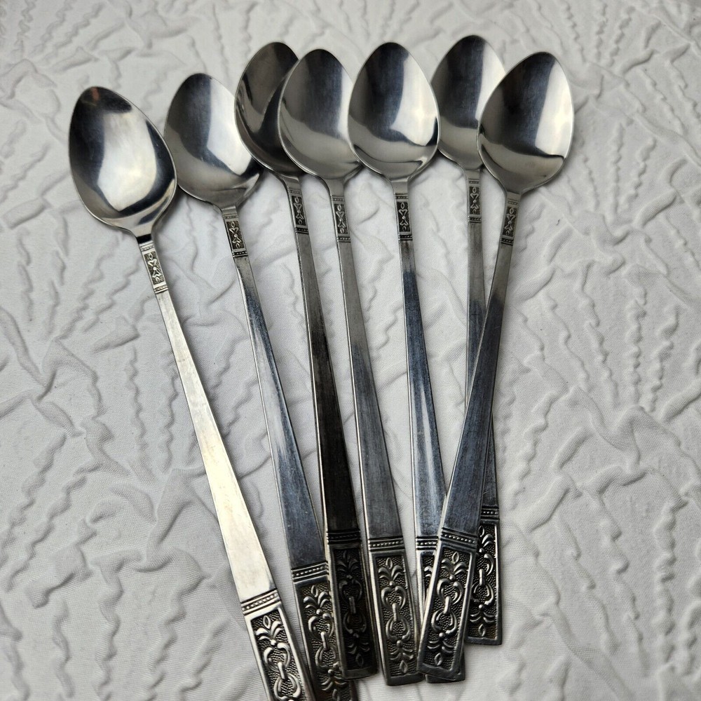 Vintage Customcraft Stainless Ice Tea Spoons Set 7 Fleur de Lis Made In Taiwan