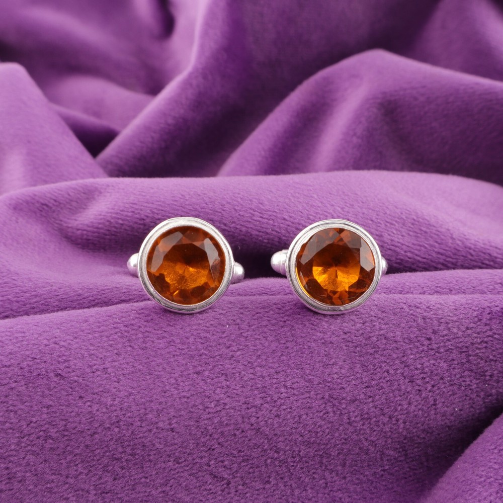 Natural Citrine Yellow Formal Classic Dads Gift Cufflinks 925 Sterling Silver