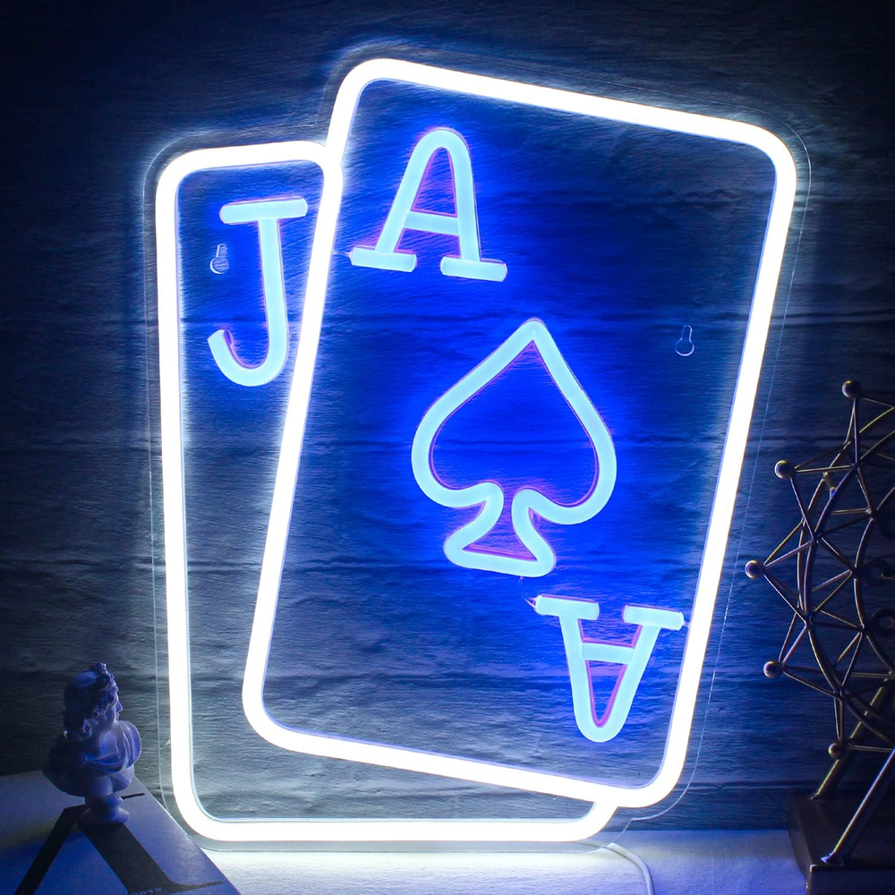 Playing Cards Neon Signs for Wall Decor Poker Teens Led Neon Light Blue White Us