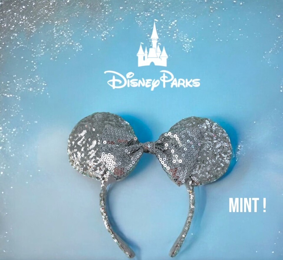 Disney Parks Minnie Mouse Silver Sequin Ears & Bow Headband Sparkling - Mint !