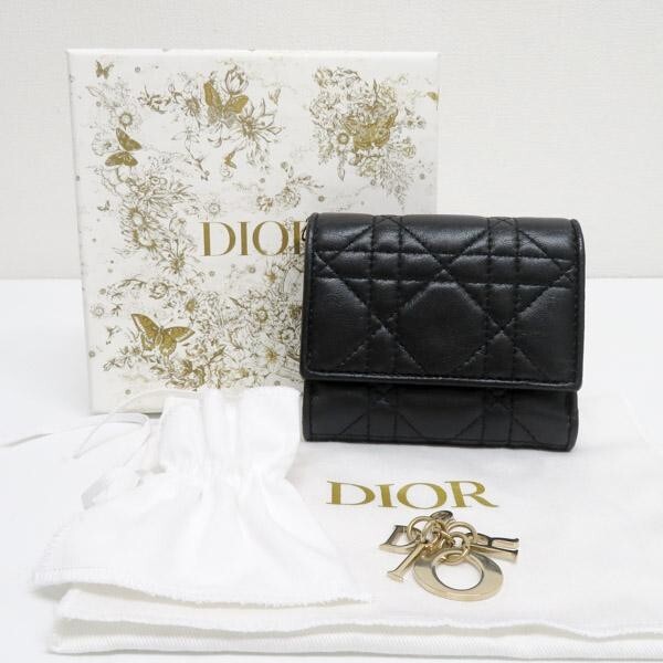 Christian Dior Cannage Lotus Trifold Leather Wallet Black Authentic with Box