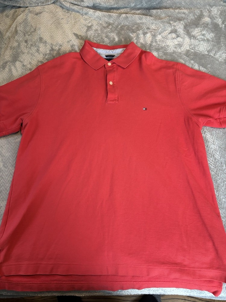 Tommy Hilfiger Polo Shirt Mens Large Classic Fit Red Cotton Short Sleeve