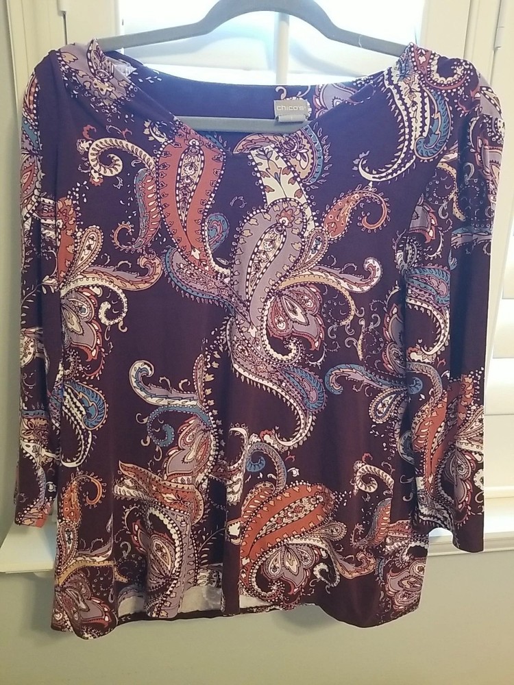 Chicos Top Womens Size 1 M Print 3/4 Sleeve Rayon Spandex