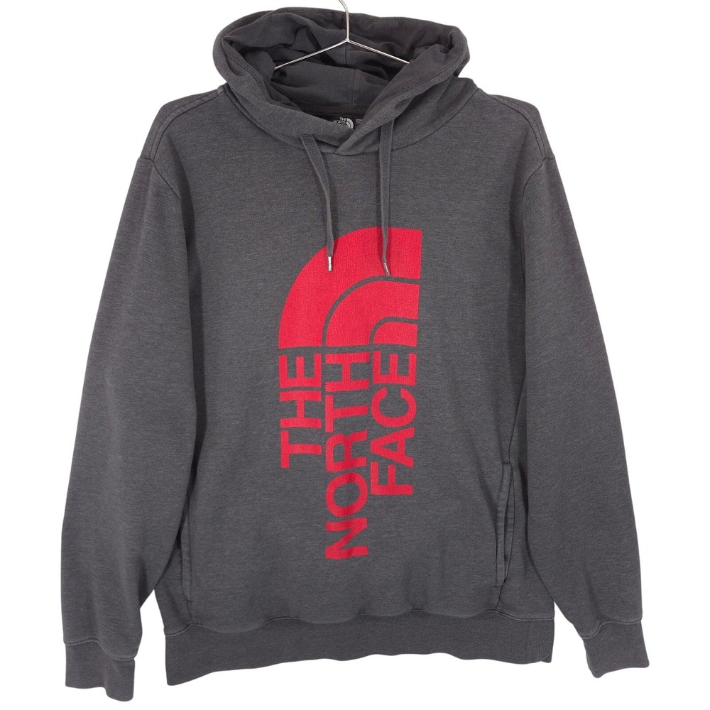 North Face Big Logo Hoodie for Men in Gray and Red - Large Size Outdoor Pullover