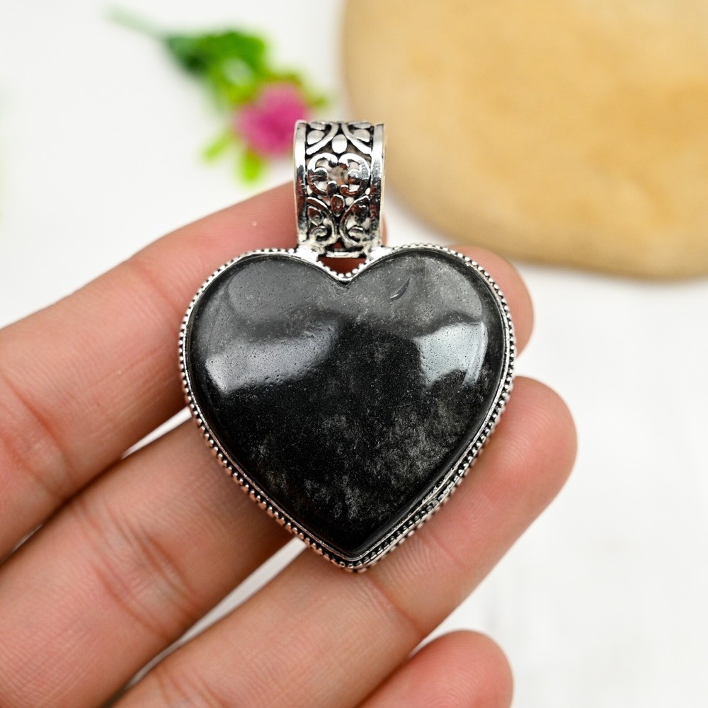Black Tourmaline Heart Pendant in 925 Sterling Silver Handmade Jewelry Gift for Protection