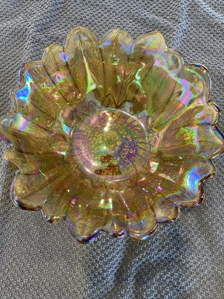 Vintage Amber Indiana Carnival Glass Iridescent Daisy Sunflower Bowl Candy Dish  