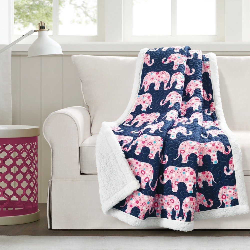 Taylor & Olive Ever-Tru Elephant Sherpa Throw in Navy & Pink