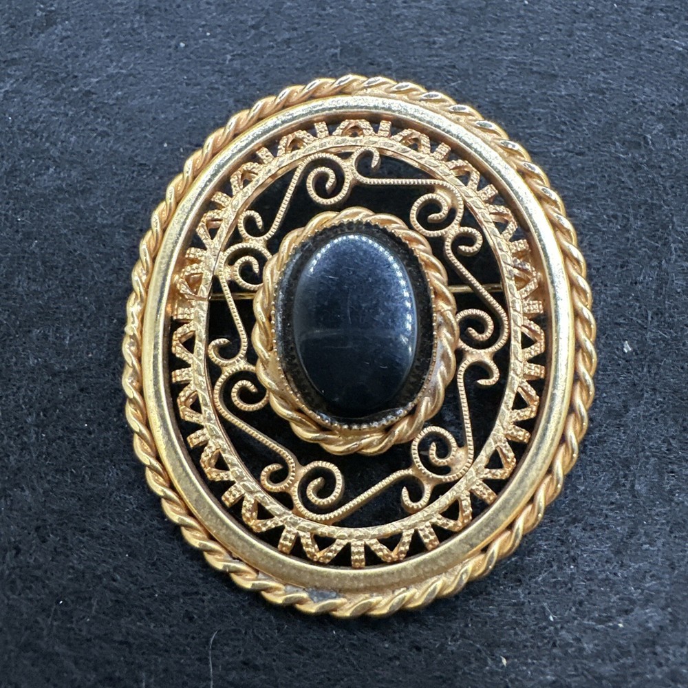 Antique Vintage Brass Gold ToneMourning Pin Brooch Black Onyx Cabochon