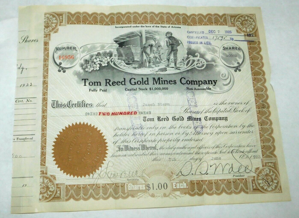 1923 Tom Reed Gold Mines Company Stock Certificate Collectible Mining Scrip