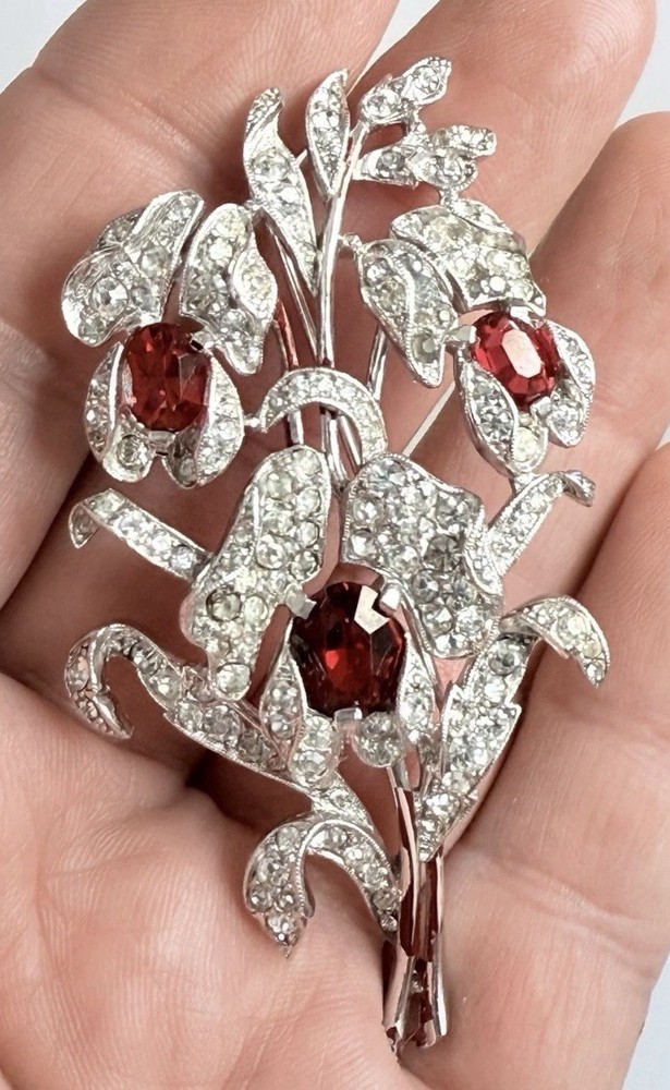 Vintage TRIFARI Brooch Red Orchid Rhinestone Flower Pin Signed Rare