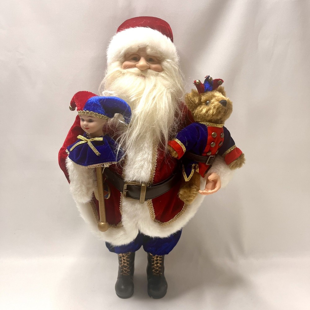 18” Santa Clause Figure Holding Plush Bear Christmas
