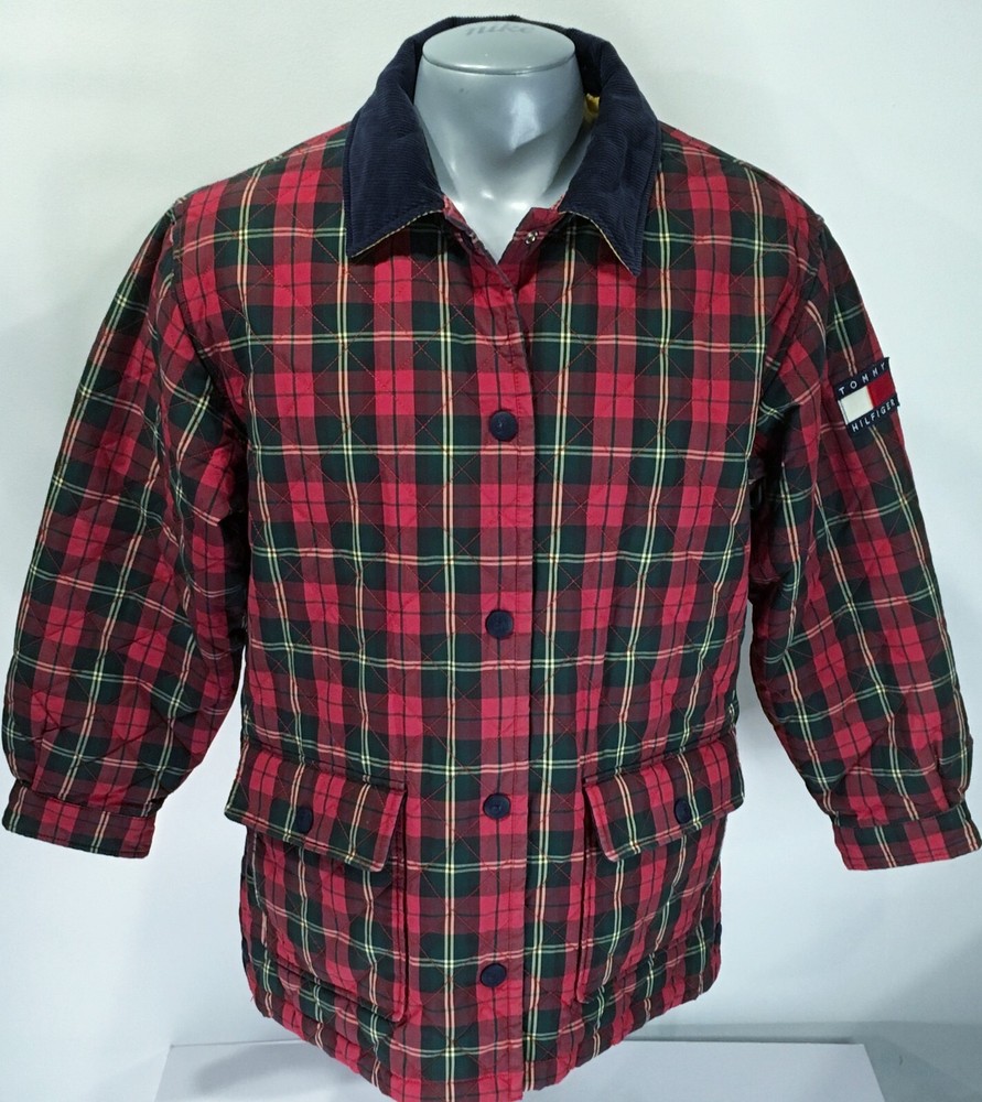 Tommy Hilfiger L Large Quilted Plaid Snap Up Lined Jacket Corduroy Collar