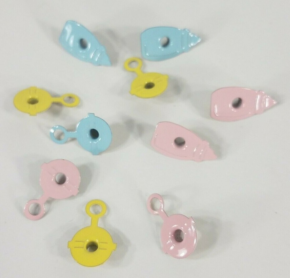 NIP pink yellow blue .5 inch baby bottles rattles 10 piece eyelets set