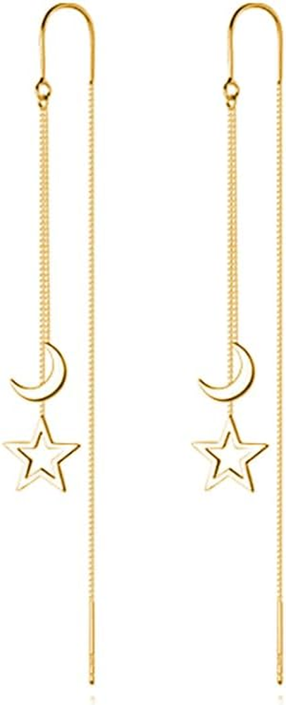 925 Sterling Silver Moon Star Threader Chain Dangle Earrings for Women