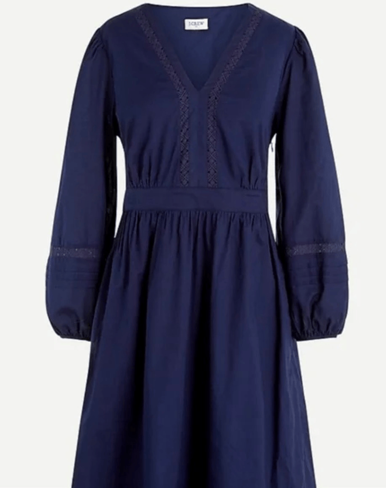 J.Crew navy puff sleeve cotton dress with lace trim and empire waist