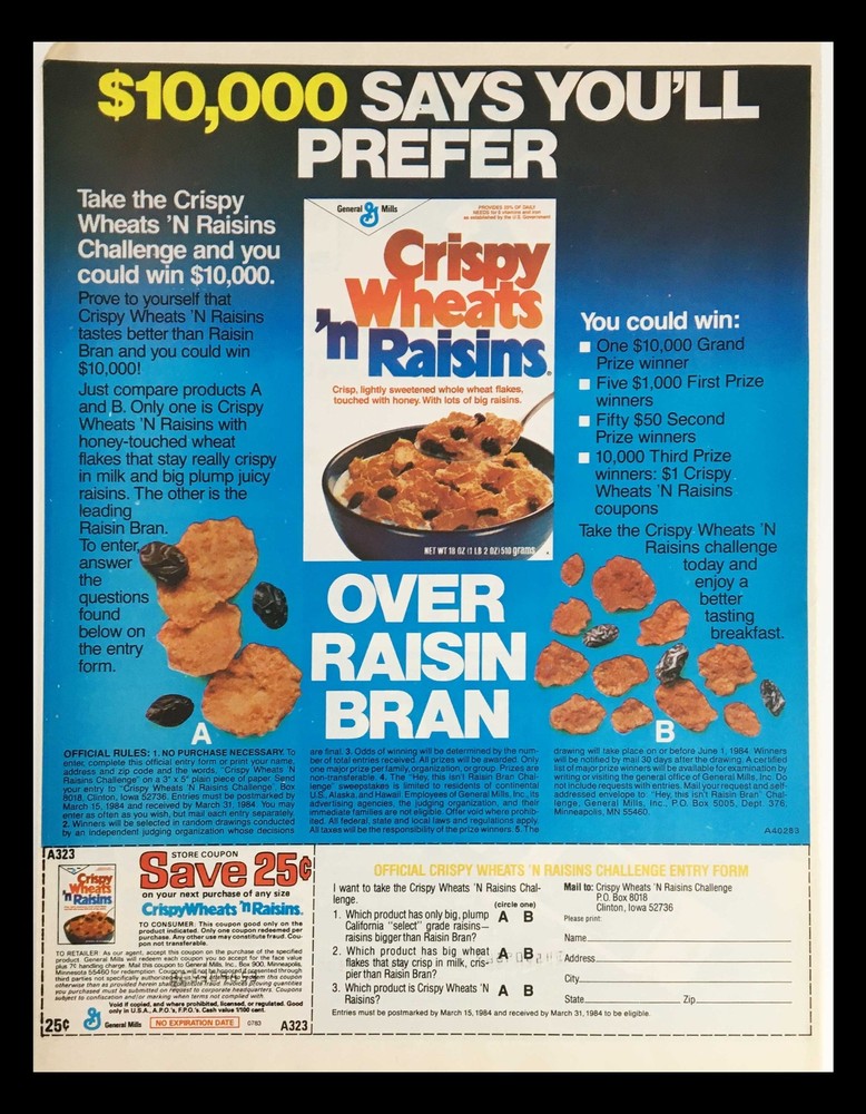 1984 General Mills Crispy Wheats 'N Raisins Circular Coupon Advertisement-image