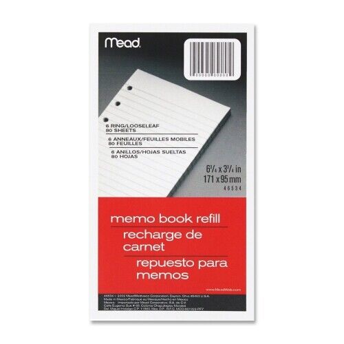 Mead Memo Book Refill 6 Ring 3 34x6 34 Pack of 80 Sheets