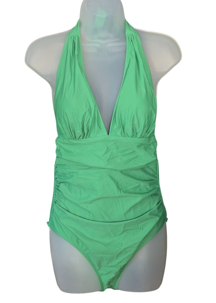 Cupshe Green Halter Neck Ruched One-Piece Slimming Swimsuit Medium Fully Lined