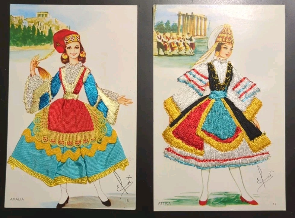 VINTAGE SILK EMBROIDERY POSTCARD WOMEN IN TRADITIONAL DRESSES LOT OF 2