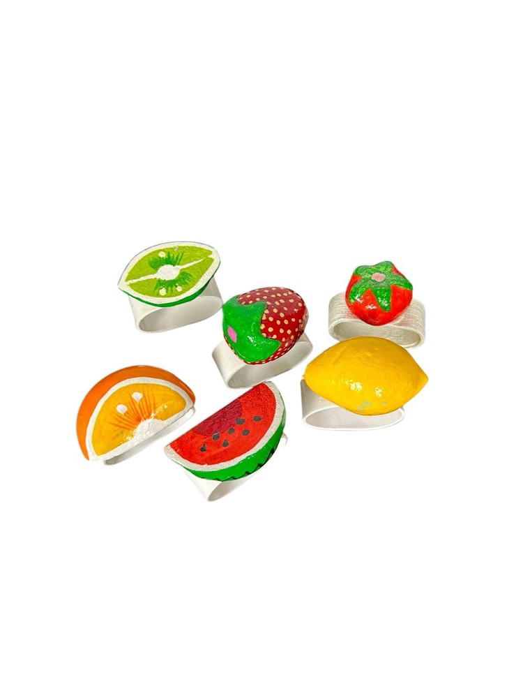 6pc Puffy Fruit & Vegetables Napkin Rings Strawberry Lime Orange Tomato Lemon