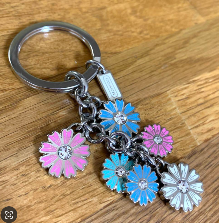 COACH Signature Flower Keychain with Rhinestones in Blue Pink White Unused