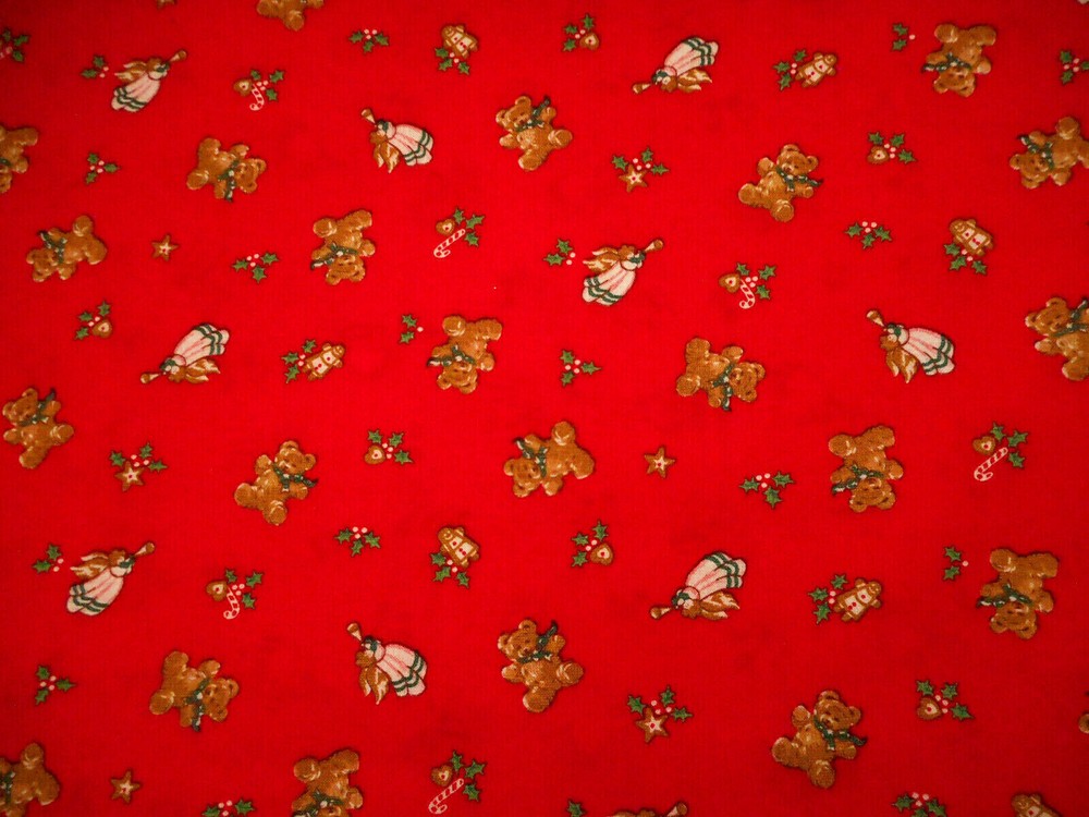 Christmas Fabric By Yard Bears Angel Cookie Candy Holly on Red Cotton #89 Vtg #C