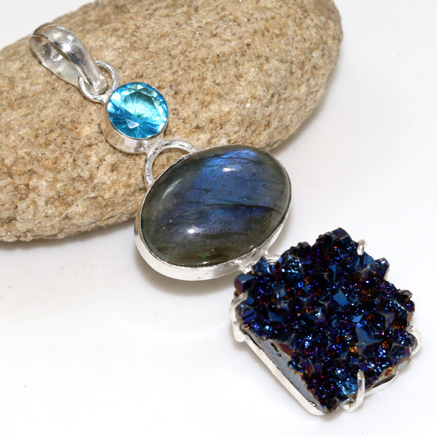 925 Silver Plated Fiery Labradorite Titanium Druzy Long Pendant 2.7