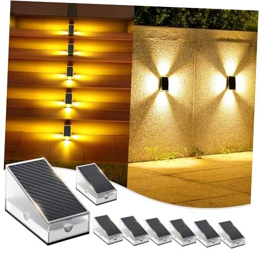 2-in-1 Solar Fence and Step Lights 8 Pack Warm White Outdoor Lighting  