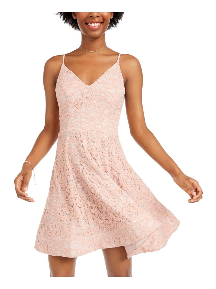 SEQUIN HEARTS Womens Pink Spaghetti Strap Short Party Fit + Flare Dress 3